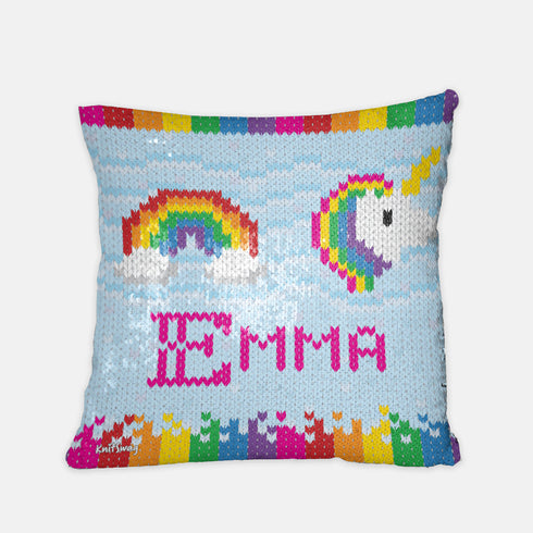Personalized Unicorns and Rainbows Sequined Pillow, Cute Knitting Gift for Friend, Gift for Little Girl, Daughter Gift, Knitter Gift